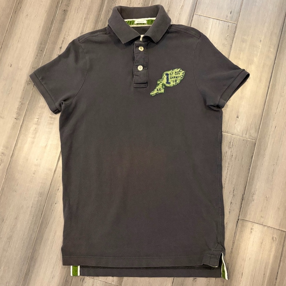Abercrombie & Fitch Black Vintage Polo with Lime Green Patch, Small, 100% Cotton